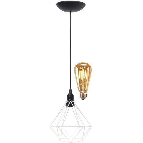 Pendente Aramado Diamante Teto Luminária Retrô Balcão Agp Branco + Lâmpada Led ST64 Vintage Agp Ilum