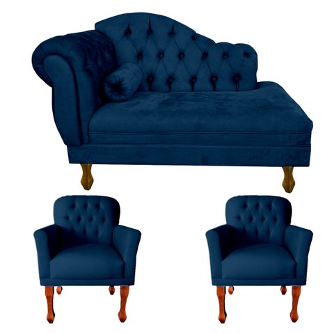 Jogo Divã 120cm Modelo Imperial + 2 Poltronas Stephany Suede:azul Marinho