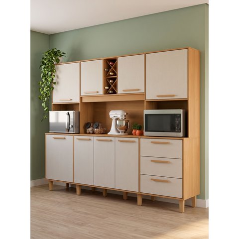 Cozinha Compacta 8 Portas 3 Gavetas com Nichos para Eletrodomésticos e Pés Reguláveis 242x200,3cm