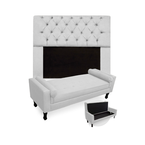 Jogo Com Cabeceira Mirage + Recamier Baú Fenix Casal 140 cm Suede Branco - LM DECOR