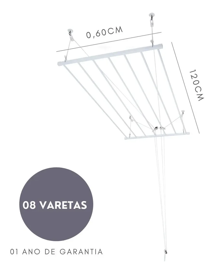 Varal De Teto Tradicional 120cm x 08 Varetas - Em Alumínio Branco - 2
