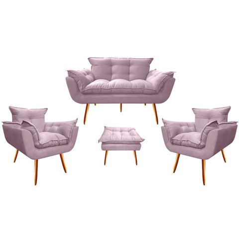 Kit Namoradeira + 2 Poltronas + 1 Puff Decorativo Opala Suede Rosê Pés Madeira Mz Decor