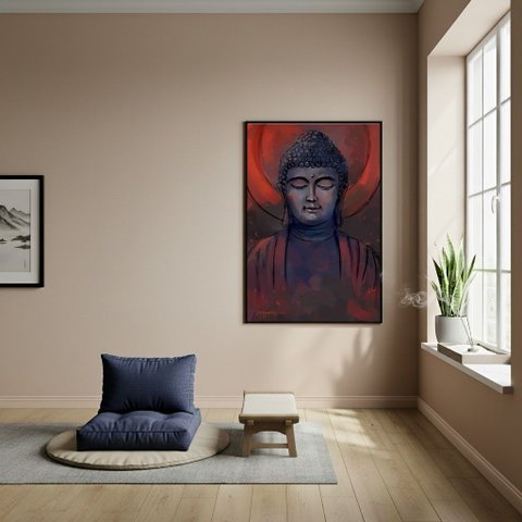 Quadro Decorativo Desenho Buda Tons Escuros - 70x50cm:moldura Preta