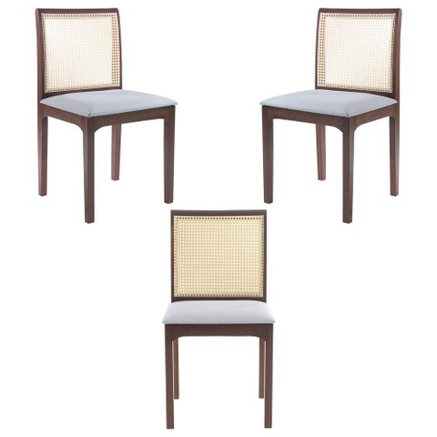 Kit 03 Cadeiras Sala de Jantar Madeira Maciça Steve Tela Rattan Sextavano Linho Cinza/Amêndoa G55 - 