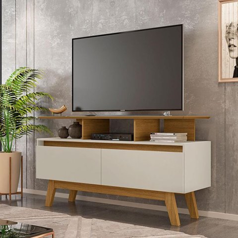 Rack Rubi Tv até 50 2 Portas Pé Madeira Cinamomo Off White