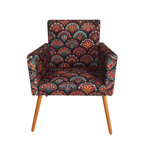 Poltrona Decorativa Bia Suede Mandala Pés Madeira Ms Decor