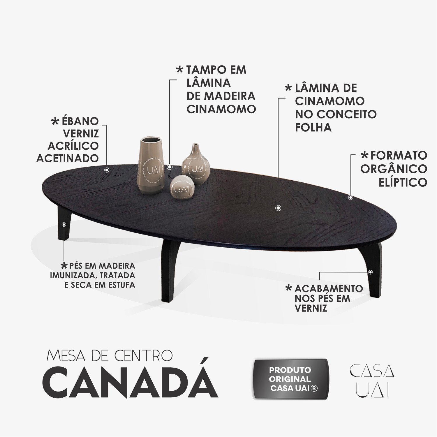 Mesa de Centro Oval Orgânico Laminada 100x45cm Canada Ébano - 5