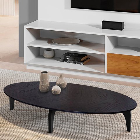 Mesa de Centro Oval Orgânico em MDF Pés Madeira Maciça Laminada 100x45cm Canada Preto