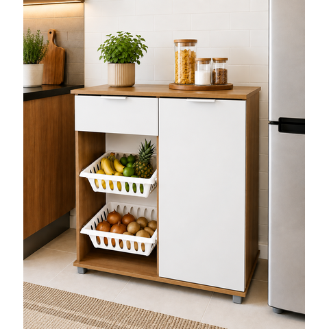 Fruteira de Cozinha Vitória 2 Cestos Porta Gaveta Multiuso:Castanho/Offwhite