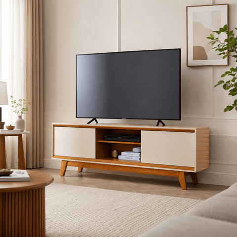 Rack Bancada TV até 65 Polegadas Atlas 2 Portas Deslizantes - Cinamomo/Offwhite