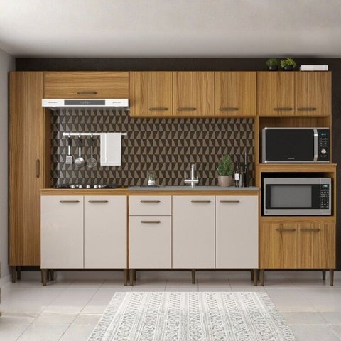 Cozinha Compacta 6 Peças 120cm x 200cm Berlim Marrom/Ipê/Cristalo