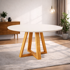 Mesa de Jantar Luxo Tampo Mdf/vidro Redonda para 4 Lugares Pés Madeira Maciça Pérola - Mel/off