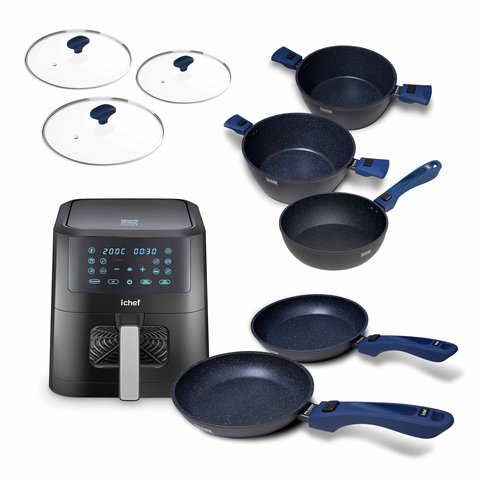 Super Combo Ichef Ultra 5 Panelas com 3 Tampas Azul e Ichef Airfryer Vision Smart 6l | 220v