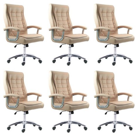 Kit 6 Cadeiras Escritório Presidente Ergonômica NR17 Corino Mola Ensacada Bege/Fendi