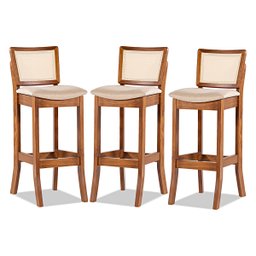 Kit 3 Banquetas Alta Portugal com Encosto Rattan Estofada Linho Bege M58 - 1