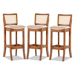 Kit 3 Banquetas Alta Portugal com Encosto Rattan Estofada Linho Bege M58