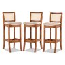 Kit 3 Banquetas Alta Portugal com Encosto Rattan Estofada Linho Bege M58 - 1