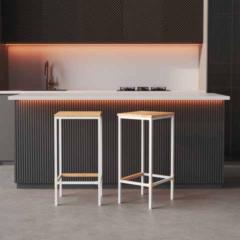 Kit 2 Banqueta em Aço Alta Industrial com Assento de Madeira Maciça 75cm - Branca