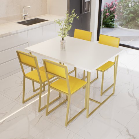 Conjunto Mesa de Jantar Retangular Branca 4 Cadeiras Estofado Riviera Industrial Dourado Don Castro 
