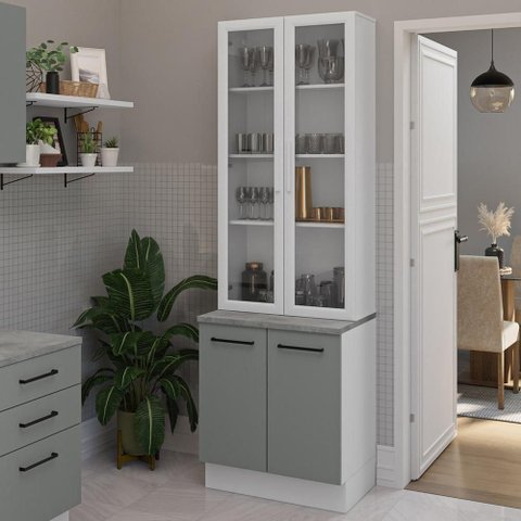 Kit Balcão + Cristaleira 70cm Branco Cinza Agata Madesa 01 Branco Cinza