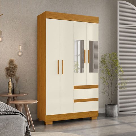 Guarda-Roupa Solteiro Maya 4 Portas 2 Gavetas com Espelho Off White/Cinamomo - ACP Móveis