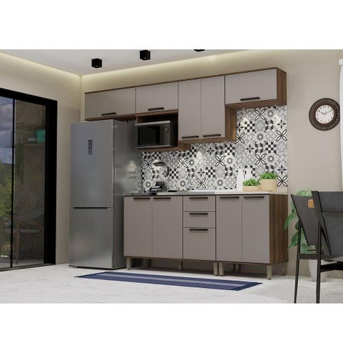Cozinha Compacta 7 Peças sem Tampo e com Nicho Micoondas Lun Nogueira Dourado/cinammon