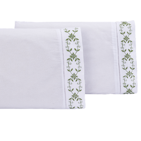 Jogo lençol Padrão casal bordado 3 peças branco Verde veneza