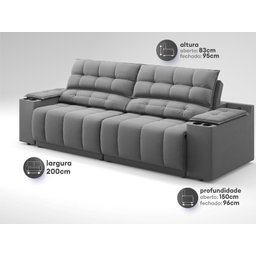 Sofá com Porta Copos Carregador Usb Ret Rec Samurai 2,00m Velosuede Grafite - Netsofas - 3