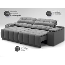 Sofá com Porta Copos Carregador Usb Ret Rec Samurai 2,00m Velosuede Grafite - Netsofas - 5