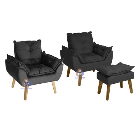 Kit 2 Poltronas Decorativas e Puff Opala Suede Preta Smf Decor