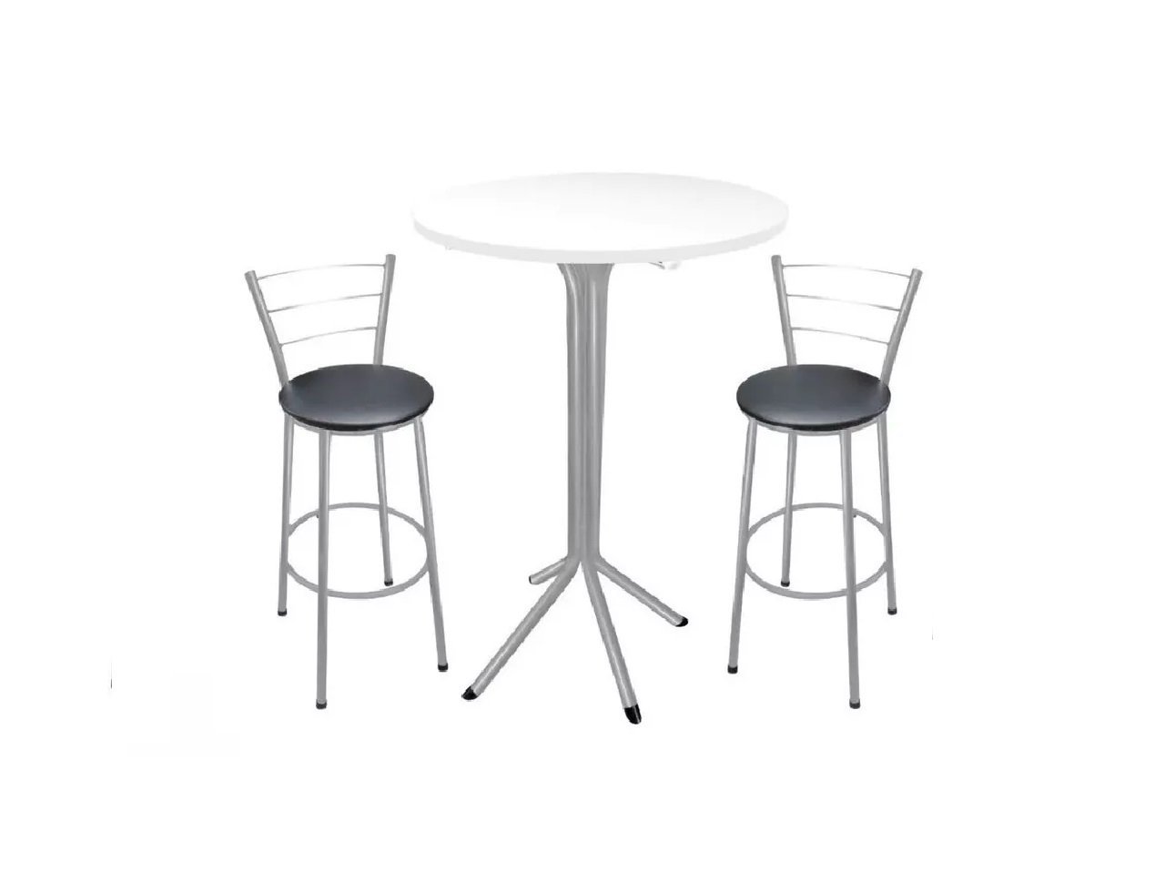 Conjunto Mesa Bistrô Alta Prata Tampo Redondo 60cm Branco c/ 2 Banco Banqueta Assento Preto