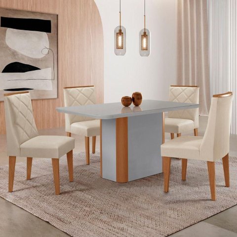 Mesa de Jantar Isadora 120cm Tampo MDF Vidro com 4 Cadeiras Veludo Creme Off White Naturale