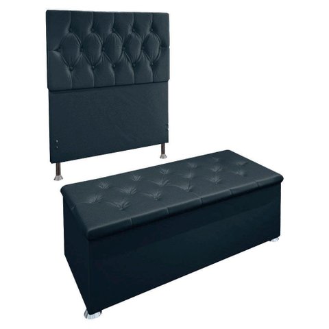 Kit Cabeceira e Calçadeira Baú Solteiro 0,90m Madrid Suede - Pallazio Cor Azul Marinho