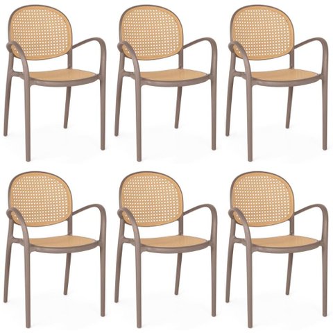 Kit 6 Cadeiras de Jantar Roma com Braço para Sala e Cozinha - Marrom Claro