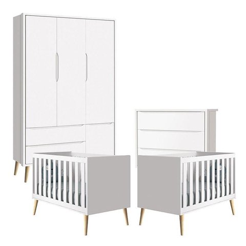 Quarto de Bebê Theo 3 Portas com 02 Berços e Cômoda Gaveteiro Branco Acetinado Pés Madeira