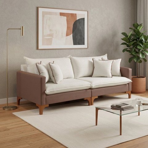 Sofá Living Bipartido com 4 Almofadas 220cm Bouclê Espanha