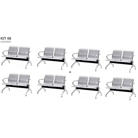 Kit com 8 Cadeiras Longarina Aeroporto Cromada 2 Lugares