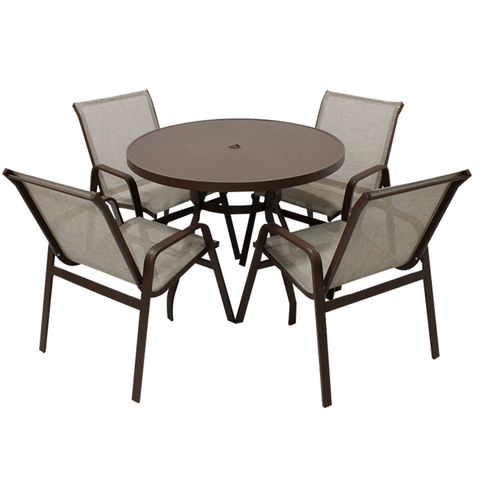 Mesa Ripada Alumínio com 4 Cadeiras Tela Sling Marrom P/ Piscina/jardim
