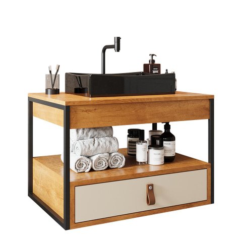 Gabinete para Banheiro Harley 1 Gaveta e Cuba Dalla Preta Preto/canela/off White
