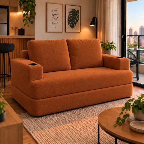 Sofá Cama Casal Colchão 1,50m com Porta Copos Balaqui Decor Cor:Terracota
