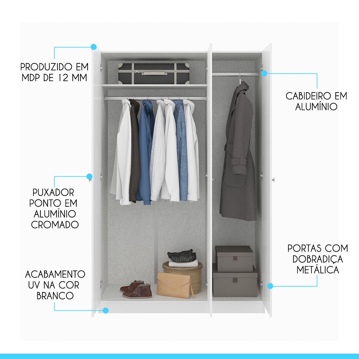 Roupeiro Branco com 3 Portas 2 Cabideiros 112x175cm Branco 6503 - 3