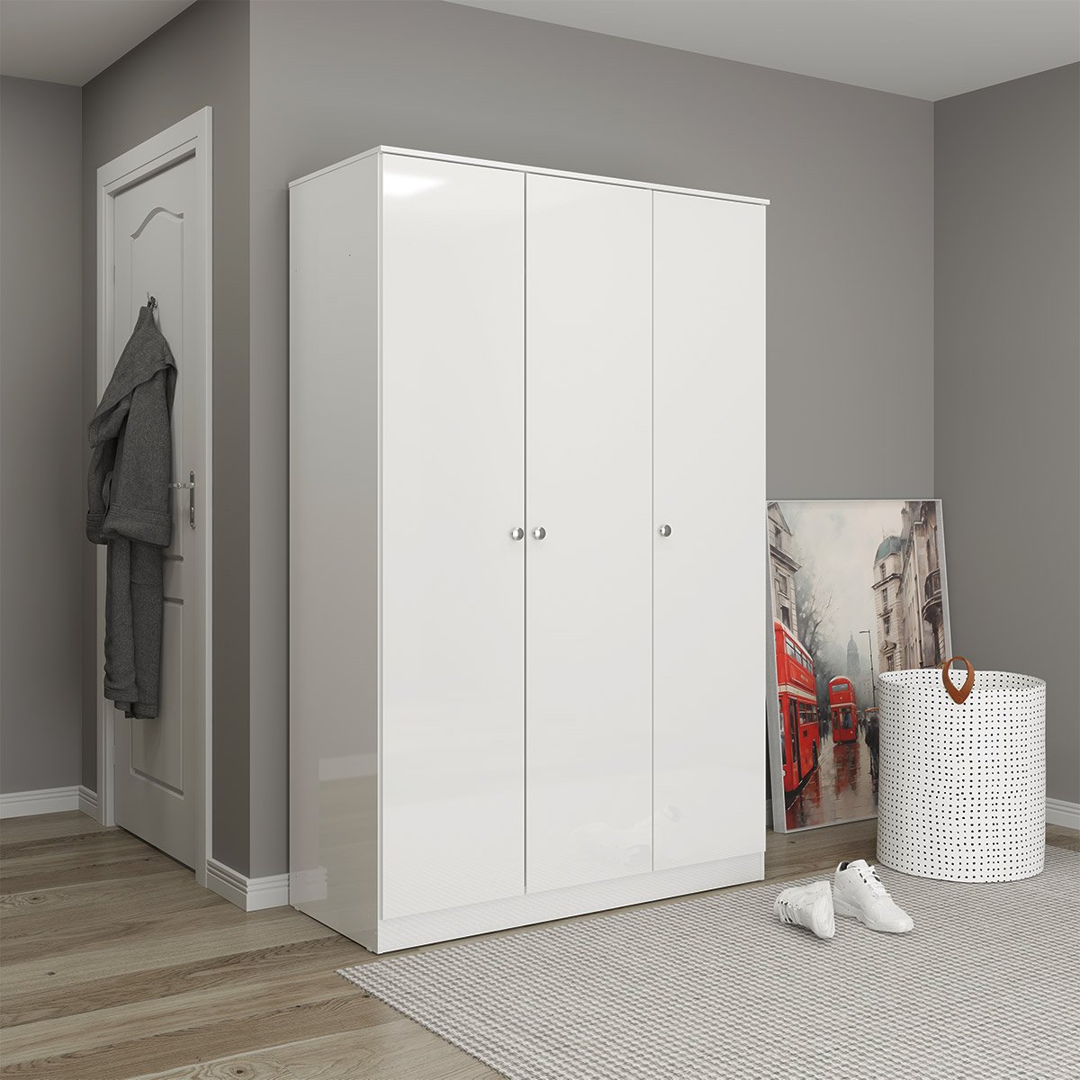 Roupeiro Branco com 3 Portas 2 Cabideiros 112x175cm Branco 6503 - 2