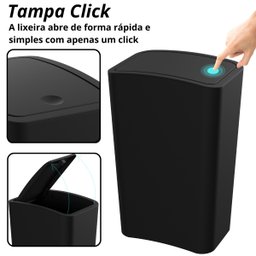 Lixeira Cesto de Lixo 8l com Tampa Click Retangular Banheiro Cozinha | Astra - Preto - 3