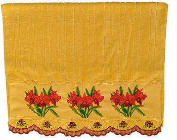 Toalha bordada de Rosto 3 Orquídeas e Barrinha. Cor Amarelo. Dohler Artesanalle