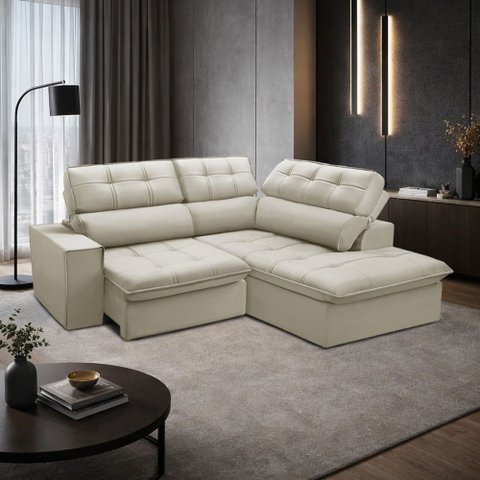 Sofá 3 Lugares Retrátil Reclinável Chaise Direito 243cm Solin F04 Veludo Bege - Lyam Decor