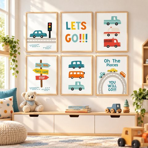 Kit 6 Quadros Infantil Carros Quarto Bebê 40x60 Moldura Madeira NO2