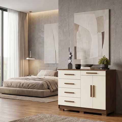 Cômoda Sapateira 5 Gavetas 2 Portas Multiuso Móvel Quarto Imbuia Champanhe