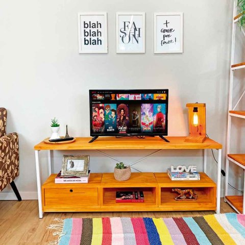 Rack de TV Industrial de Ferro e Madeira Style Square 2 Nichos e 1 Nicho Gaveta Carvalho e Branco