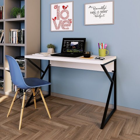 Mesa de Escritório Industrial 120cm Tampo em MDF Base Metal Branco - Straub Web