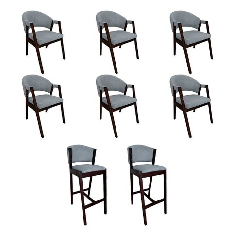 Kit 6 Cadeiras Helen para Mesa de Jantar com 2 Banquetas Ana Madeira Maciça Castanho - Cinza